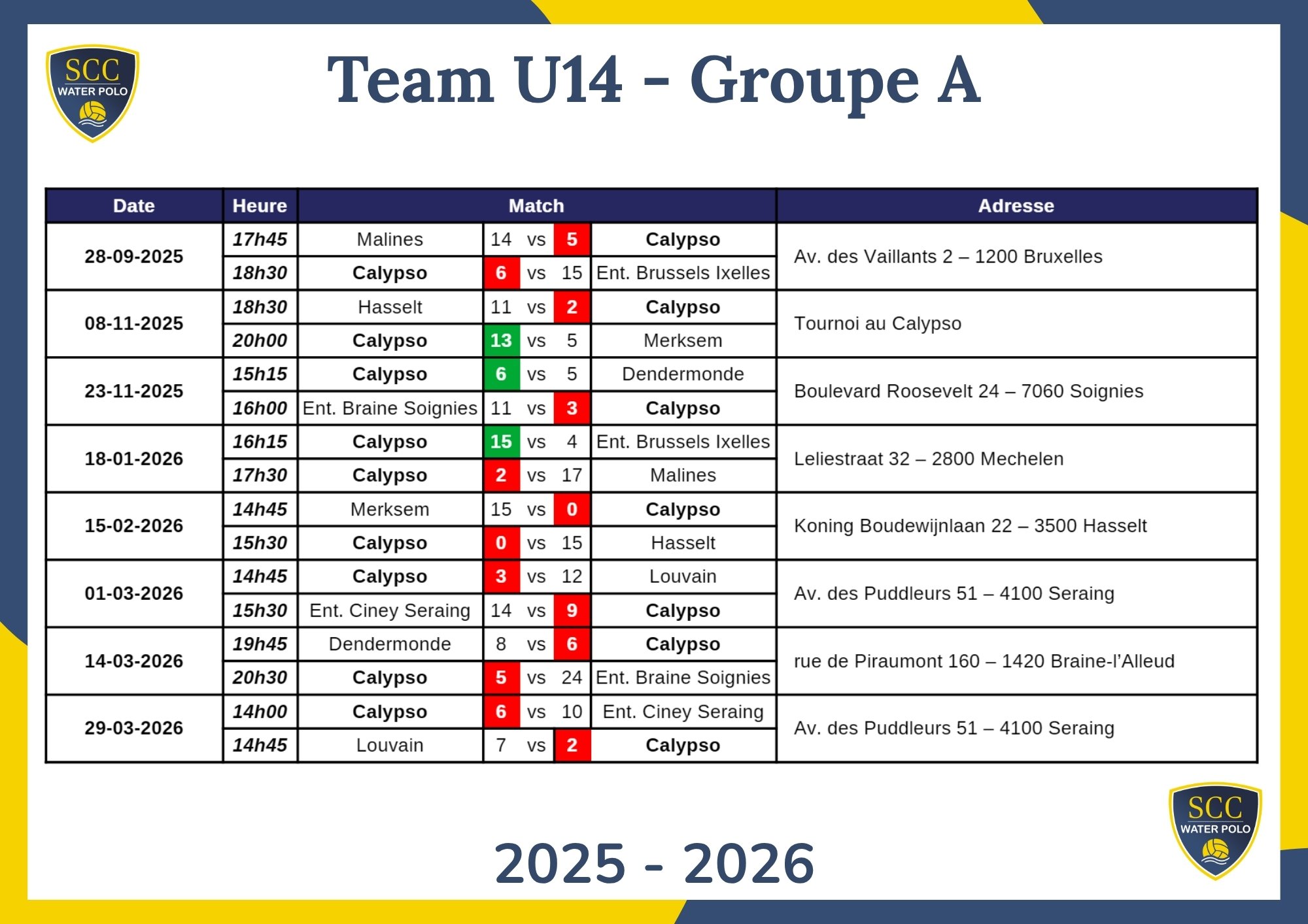 Calendrier U14