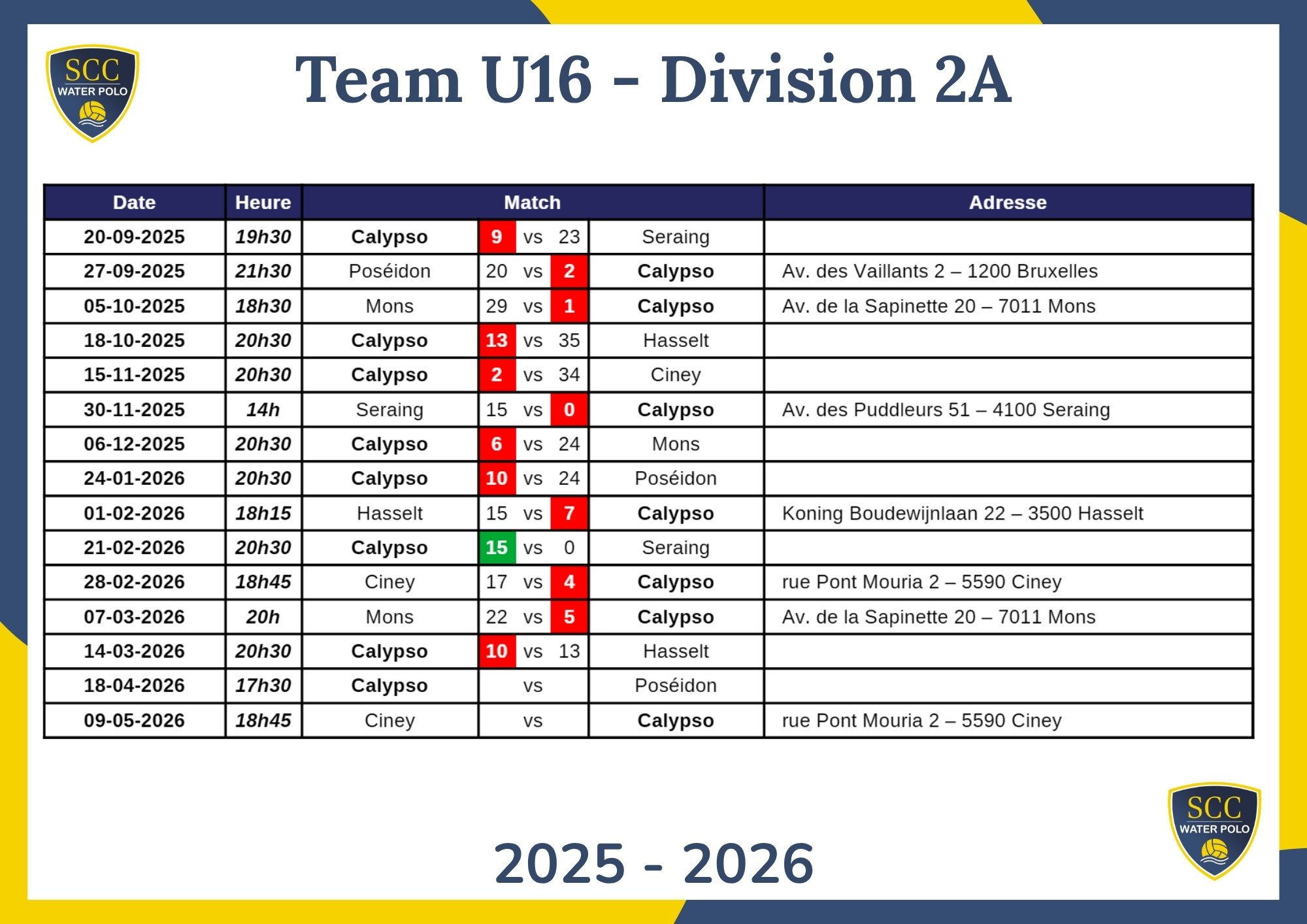 Calendrier U16