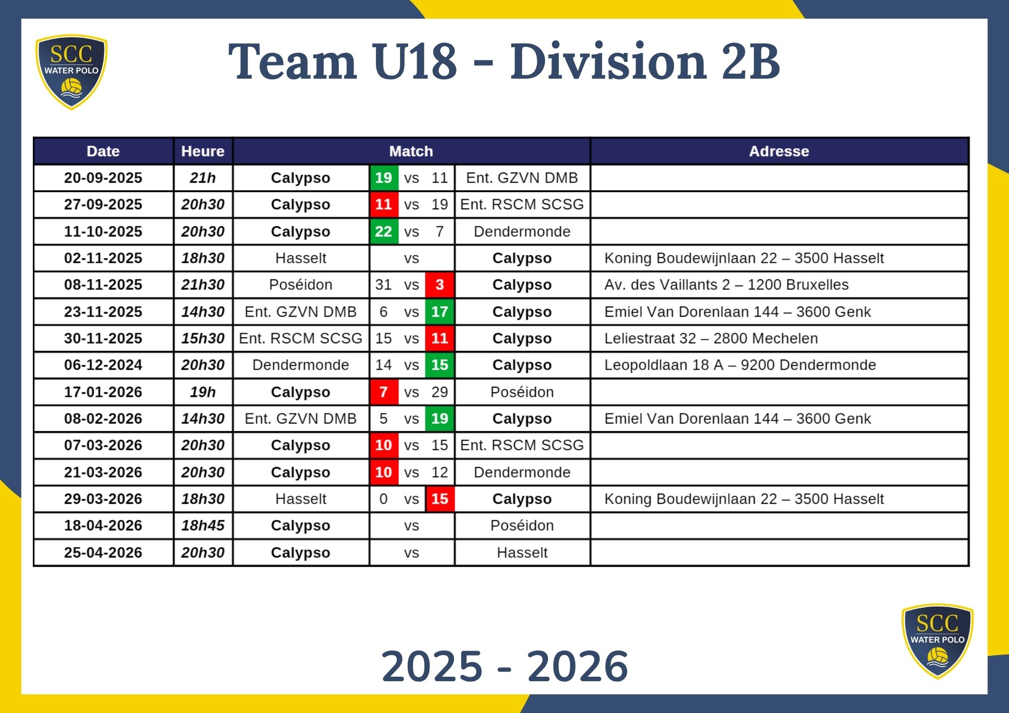 Calendrier U18